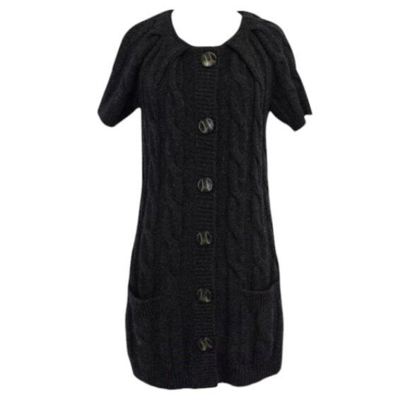 VINCE BUTTON FRONT CABLE KNIT SHORT SLEEVE SWEATER DRESS - Picture 2 of 4